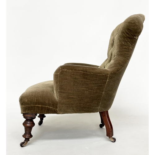 268 - ARMCHAIR, Victorian green velvet upholstered with buttoned back, serpentine front and turned support... 