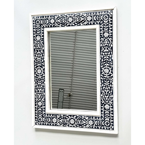 269 - WALL MIRROR, rectangular Moorish style bone and bone mosaic inlaid black, 61cm H x 46cm W.