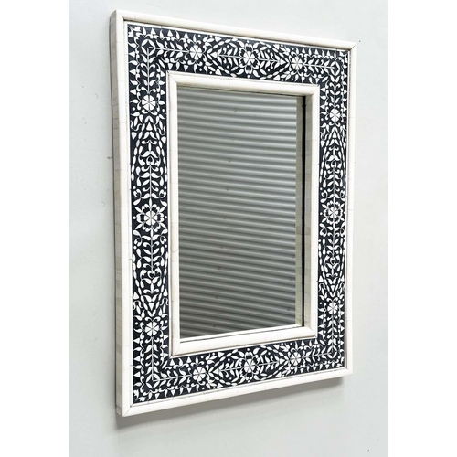 269 - WALL MIRROR, rectangular Moorish style bone and bone mosaic inlaid black, 61cm H x 46cm W.