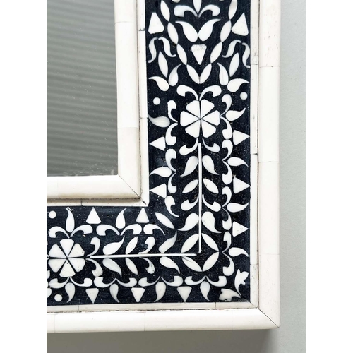 269 - WALL MIRROR, rectangular Moorish style bone and bone mosaic inlaid black, 61cm H x 46cm W.