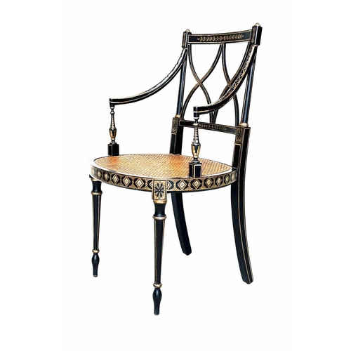 270 - ARMCHAIRS, a pair, Regency style black lacquered and gilt painted with lattice backs and cane seats,... 