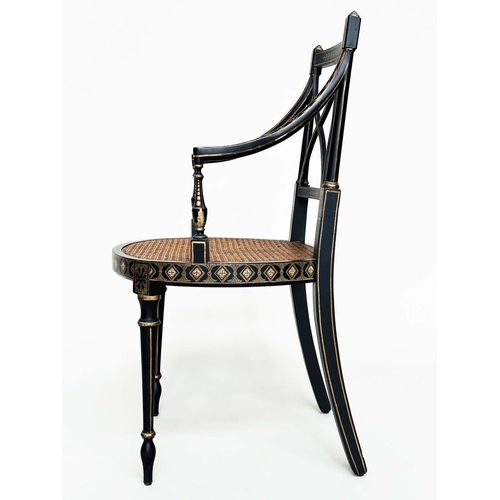 270 - ARMCHAIRS, a pair, Regency style black lacquered and gilt painted with lattice backs and cane seats,... 