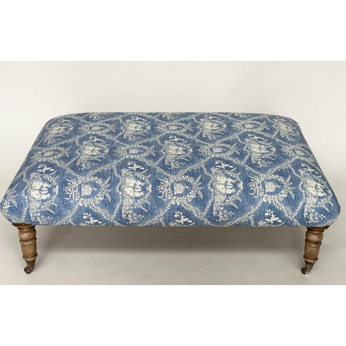 271 - HEARTH STOOL, rectangular Pierre Frey toile de jouy upholstered with limed oak tapering supports, 12... 