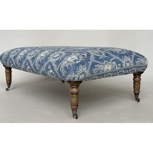 271 - HEARTH STOOL, rectangular Pierre Frey toile de jouy upholstered with limed oak tapering supports, 12... 