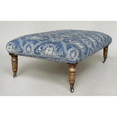 271 - HEARTH STOOL, rectangular Pierre Frey toile de jouy upholstered with limed oak tapering supports, 12... 