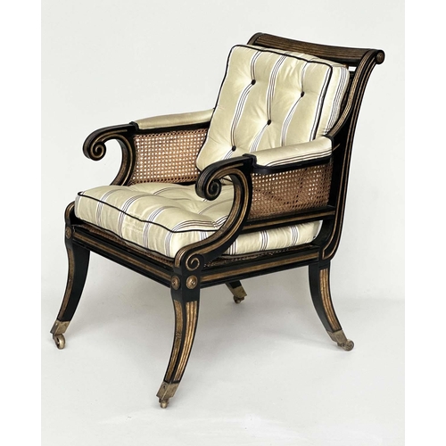 272 - LIBRARY BERGERE BY JULIAN CHICHESTER, Regency style ebonised, gilt heightened and caned, 58cm W.