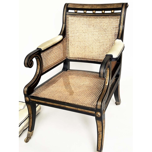 272 - LIBRARY BERGERE BY JULIAN CHICHESTER, Regency style ebonised, gilt heightened and caned, 58cm W.