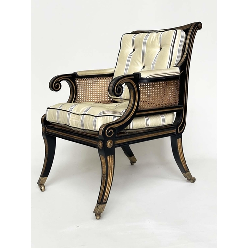 272 - LIBRARY BERGERE BY JULIAN CHICHESTER, Regency style ebonised, gilt heightened and caned, 58cm W.