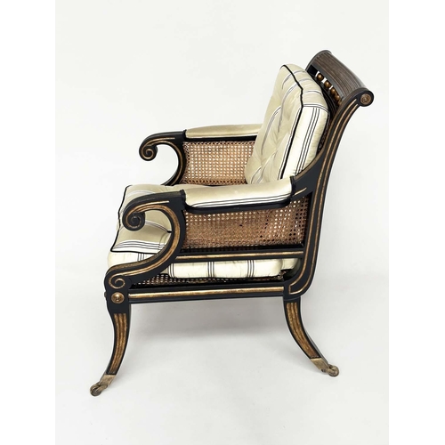 272 - LIBRARY BERGERE BY JULIAN CHICHESTER, Regency style ebonised, gilt heightened and caned, 58cm W.