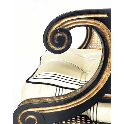 272 - LIBRARY BERGERE BY JULIAN CHICHESTER, Regency style ebonised, gilt heightened and caned, 58cm W.