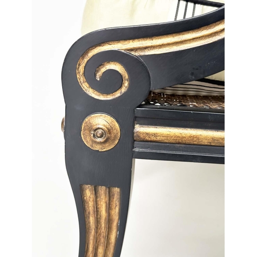 272 - LIBRARY BERGERE BY JULIAN CHICHESTER, Regency style ebonised, gilt heightened and caned, 58cm W.