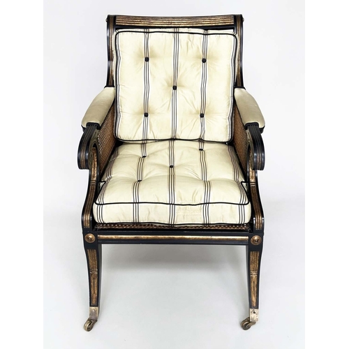 272 - LIBRARY BERGERE BY JULIAN CHICHESTER, Regency style ebonised, gilt heightened and caned, 58cm W.