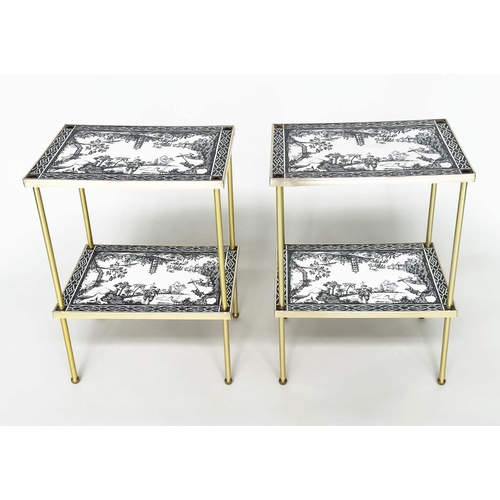 273 - ETAGERES, a pair, Regency style, gilt metal each with two tiers and scenes depicting black and white... 