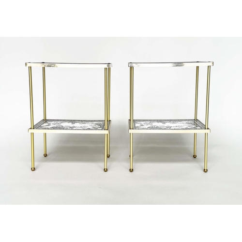 273 - ETAGERES, a pair, Regency style, gilt metal each with two tiers and scenes depicting black and white... 