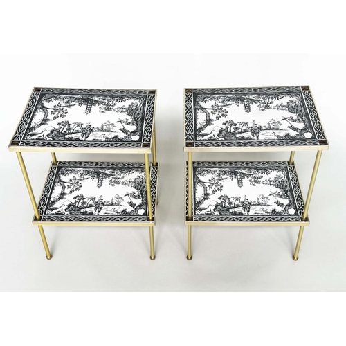 273 - ETAGERES, a pair, Regency style, gilt metal each with two tiers and scenes depicting black and white... 