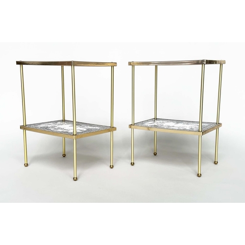 273 - ETAGERES, a pair, Regency style, gilt metal each with two tiers and scenes depicting black and white... 