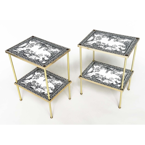 273 - ETAGERES, a pair, Regency style, gilt metal each with two tiers and scenes depicting black and white... 