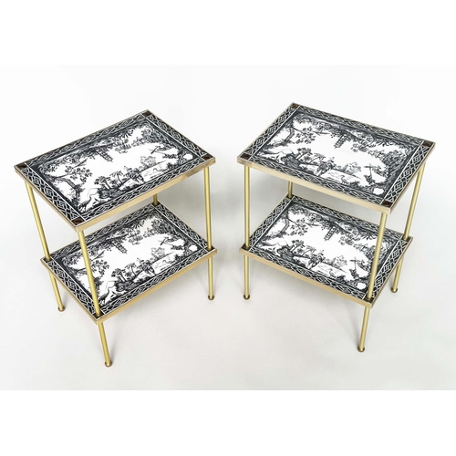 273 - ETAGERES, a pair, Regency style, gilt metal each with two tiers and scenes depicting black and white... 