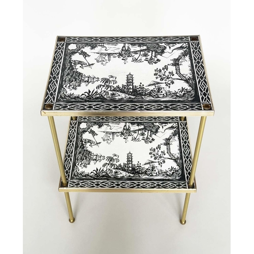 273 - ETAGERES, a pair, Regency style, gilt metal each with two tiers and scenes depicting black and white... 