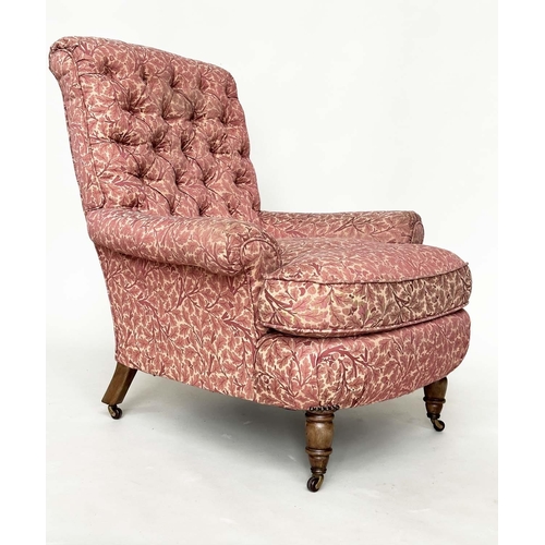 275 - HOWARD STYLE ARMCHAIR, with button back, scroll arms, feather cushion and turned front supports and ... 