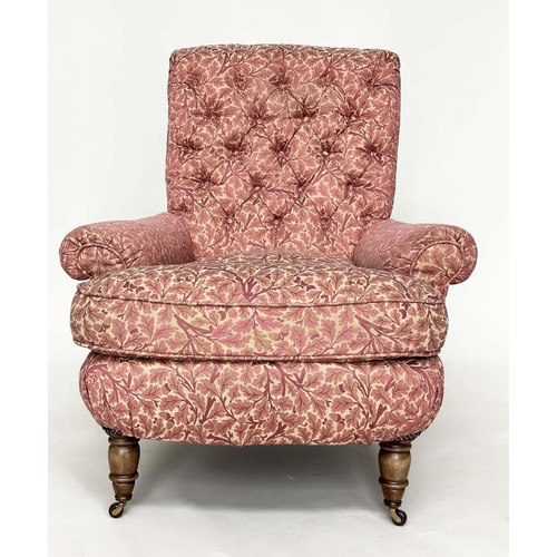 275 - HOWARD STYLE ARMCHAIR, with button back, scroll arms, feather cushion and turned front supports and ... 