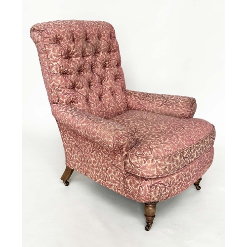 275 - HOWARD STYLE ARMCHAIR, with button back, scroll arms, feather cushion and turned front supports and ... 