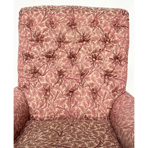 275 - HOWARD STYLE ARMCHAIR, with button back, scroll arms, feather cushion and turned front supports and ... 