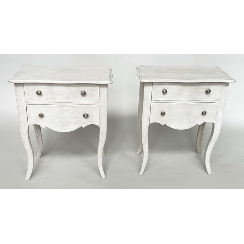 277 - BEDSIDE CHESTS, a pair, French traditionally grey painted each with two drawers and cabriole support... 