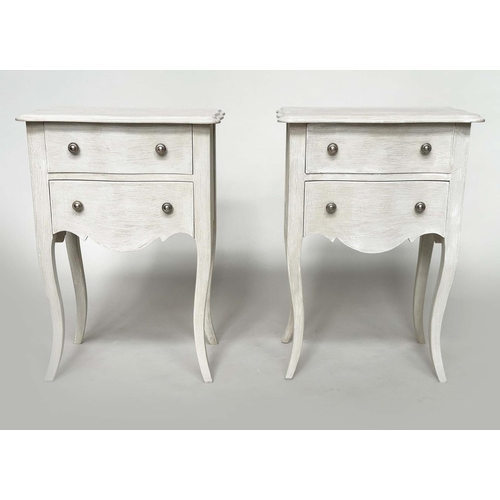 277 - BEDSIDE CHESTS, a pair, French traditionally grey painted each with two drawers and cabriole support... 