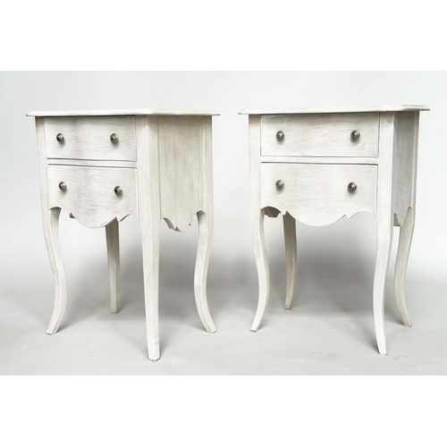 277 - BEDSIDE CHESTS, a pair, French traditionally grey painted each with two drawers and cabriole support... 