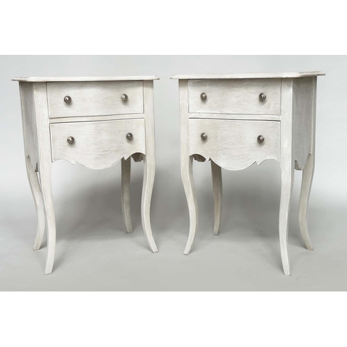 277 - BEDSIDE CHESTS, a pair, French traditionally grey painted each with two drawers and cabriole support... 