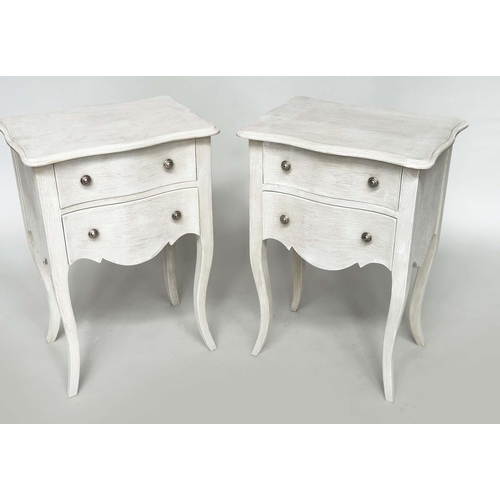 277 - BEDSIDE CHESTS, a pair, French traditionally grey painted each with two drawers and cabriole support... 