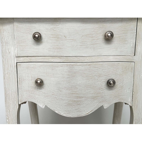 277 - BEDSIDE CHESTS, a pair, French traditionally grey painted each with two drawers and cabriole support... 