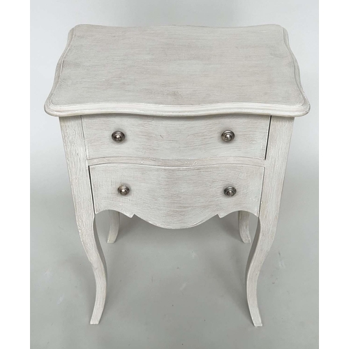 277 - BEDSIDE CHESTS, a pair, French traditionally grey painted each with two drawers and cabriole support... 