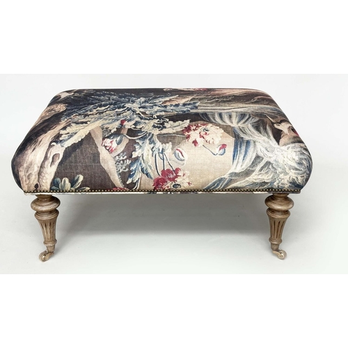 279 - HEARTH STOOL, rectangular tapestry style printed linen raised upon turned tapering bleached oak supp... 