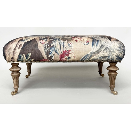 279 - HEARTH STOOL, rectangular tapestry style printed linen raised upon turned tapering bleached oak supp... 