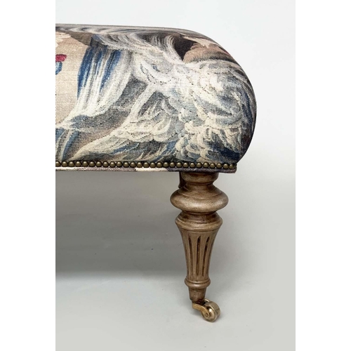 279 - HEARTH STOOL, rectangular tapestry style printed linen raised upon turned tapering bleached oak supp... 