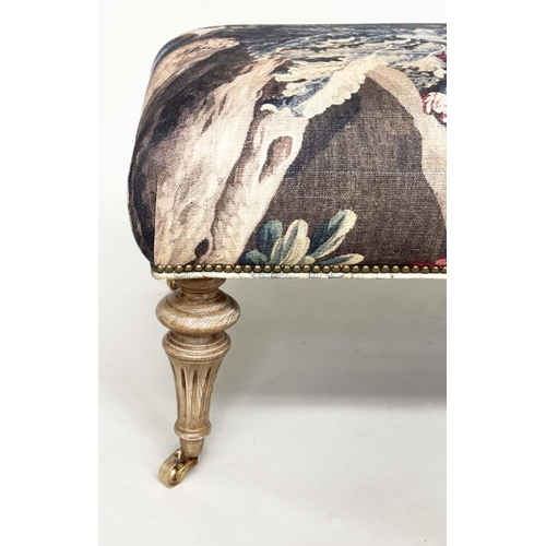 279 - HEARTH STOOL, rectangular tapestry style printed linen raised upon turned tapering bleached oak supp... 