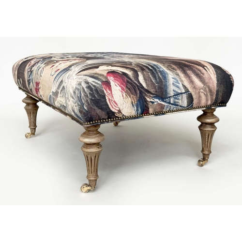 279 - HEARTH STOOL, rectangular tapestry style printed linen raised upon turned tapering bleached oak supp... 