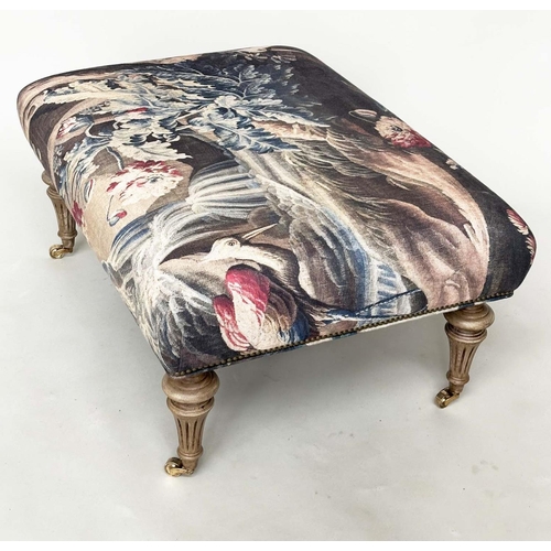 279 - HEARTH STOOL, rectangular tapestry style printed linen raised upon turned tapering bleached oak supp... 