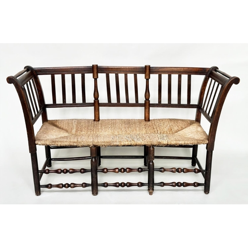 283 - HALL BENCH, 19th century English fruitwood with slatted back, rush seat and turned stretchers, 145cm... 