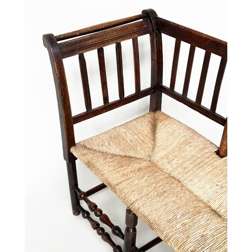 283 - HALL BENCH, 19th century English fruitwood with slatted back, rush seat and turned stretchers, 145cm... 