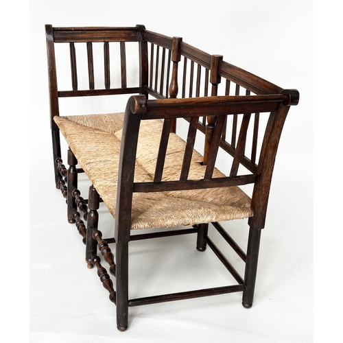 283 - HALL BENCH, 19th century English fruitwood with slatted back, rush seat and turned stretchers, 145cm... 