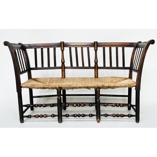 283 - HALL BENCH, 19th century English fruitwood with slatted back, rush seat and turned stretchers, 145cm... 