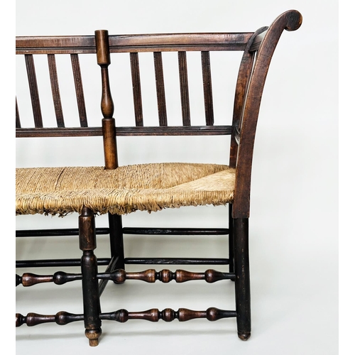 283 - HALL BENCH, 19th century English fruitwood with slatted back, rush seat and turned stretchers, 145cm... 