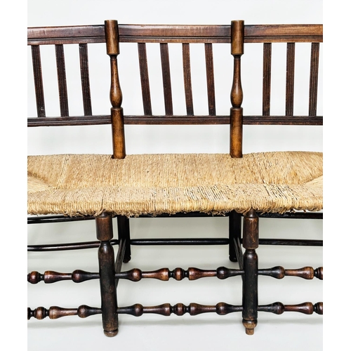 283 - HALL BENCH, 19th century English fruitwood with slatted back, rush seat and turned stretchers, 145cm... 