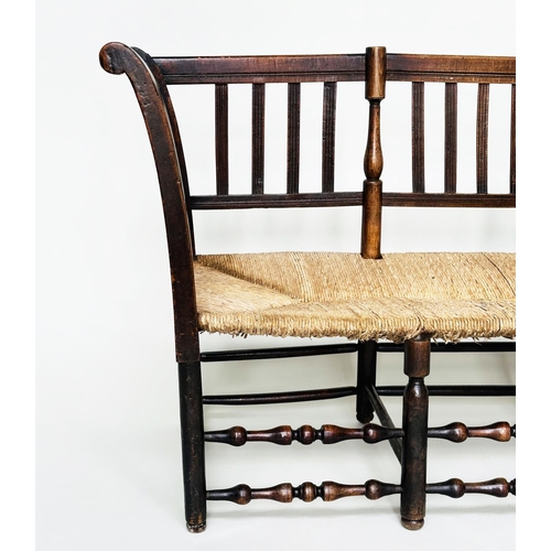 283 - HALL BENCH, 19th century English fruitwood with slatted back, rush seat and turned stretchers, 145cm... 