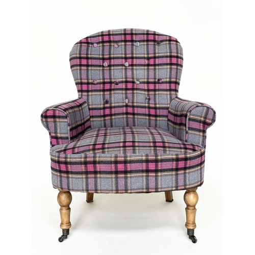 285 - ARMCHAIR, Victorian style plaid upholstered with scroll arms, button back and turned supports, 80cm ... 