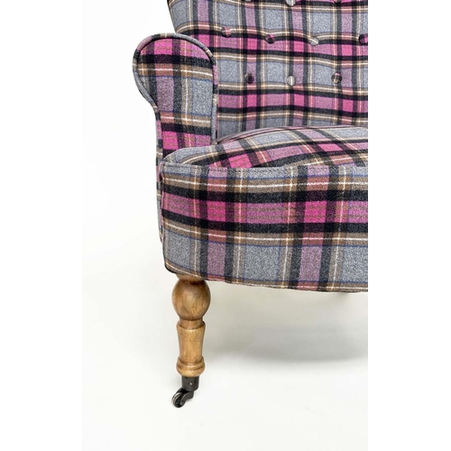 285 - ARMCHAIR, Victorian style plaid upholstered with scroll arms, button back and turned supports, 80cm ... 