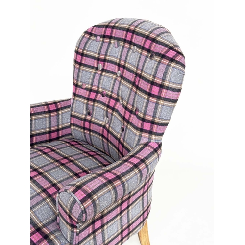 285 - ARMCHAIR, Victorian style plaid upholstered with scroll arms, button back and turned supports, 80cm ... 